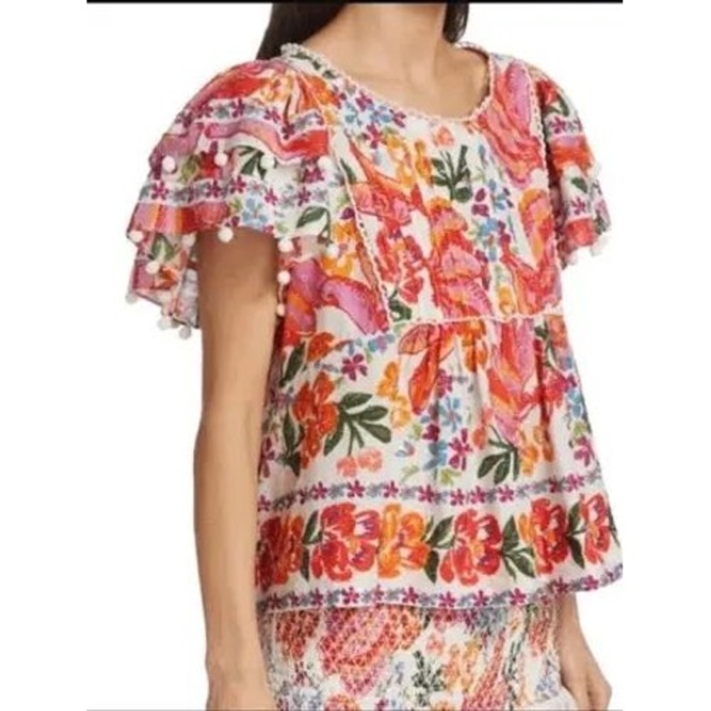 Farm Rio Floral Pom Pom Trim Swiss Dot Babydoll Blouse Multi Color Womens Large - Picture 6 of 7